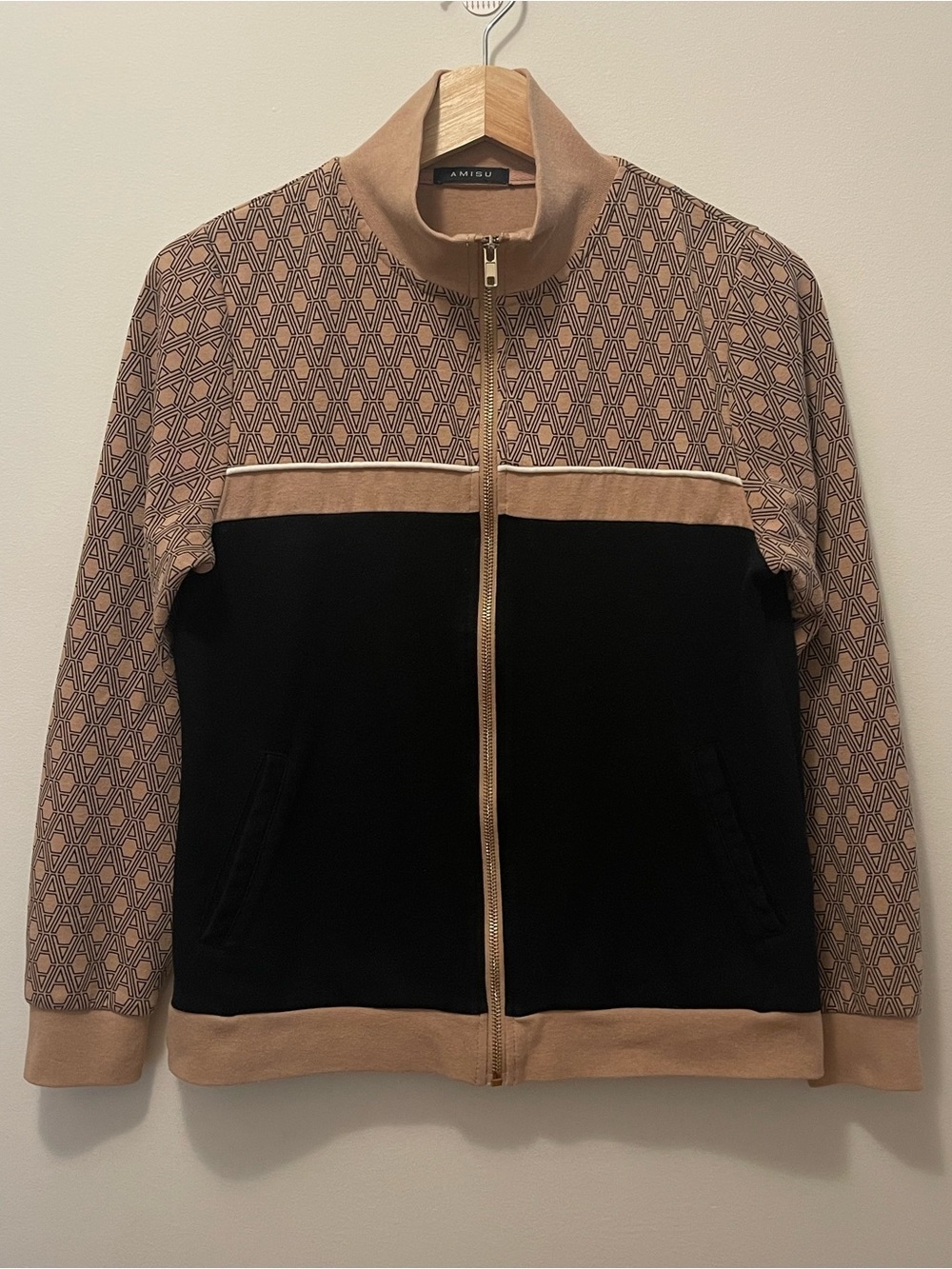 Amisu Beige and Black Patterned Zip Track Jacket